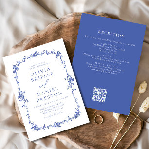 Viktorianischer Vintage QR Code Blau Florales Hoch Einladung