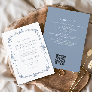 Viktorianischer Vintager QR-Code Hochzeit mit Blau Einladung