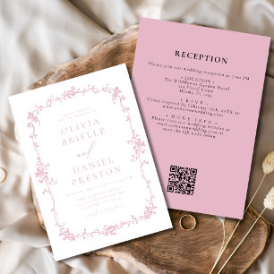 Viktorianischer Vintager QR-Code Rosa Blumenhochze Einladung