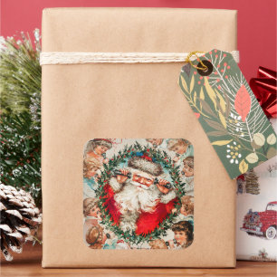 Viktorianischer Weihnachtsmann am Telefon mit Kind Quadratischer Aufkleber