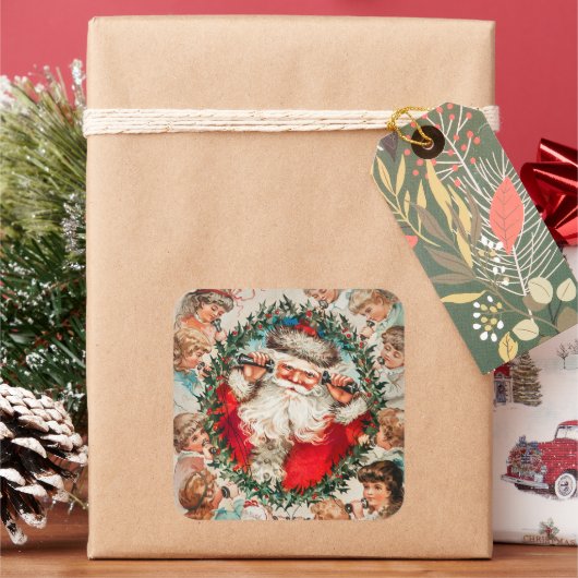 Viktorianischer Weihnachtsmann am Telefon mit Kind Quadratischer Aufkleber (Feiertag)