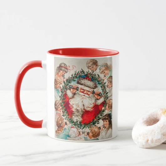 Viktorianischer Weihnachtsmann am Telefon mit Kind Tasse (Mit Donut)
