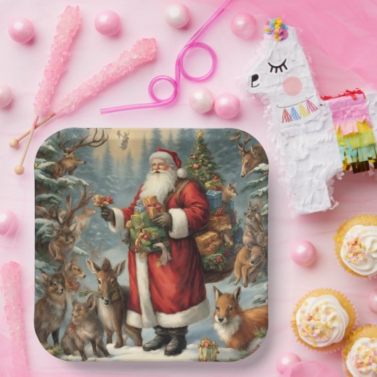 Viktorianischer Weihnachtsmann mit anwesenden Tier Pappteller (Party)