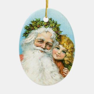 Viktorianischer Weihnachtsmann mit Mädchen Keramikornament