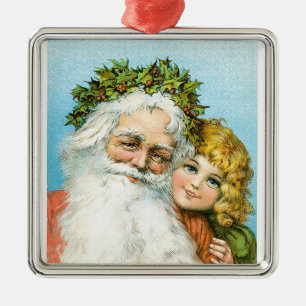 Viktorianischer Weihnachtsmann mit Mädchen Ornament Aus Metall