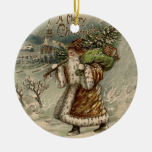 Viktorianischer Weihnachtsmann mit Weihnachtsbaum Keramik Ornament