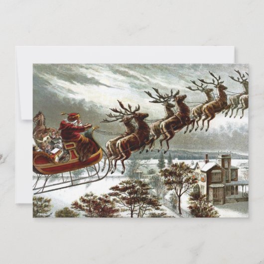 Viktorianischer Weihnachtsmann Reindeer und Sleigh Einladung (Vorderseite)