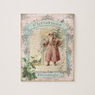 Viktorianischer Weihnachtsmann Rosa Bäume Vögel We Puzzle