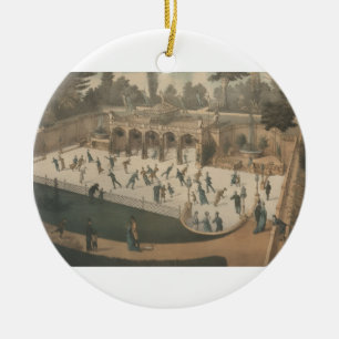 Viktorianischer Winter-Eislauf-Lithographie Keramik Ornament