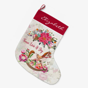 Viktorianisches antikes Rockpferd & Poinsettia Großer Weihnachtsstrumpf