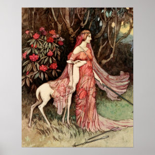 Viktorianisches Aquarell einer Frau mit Hirsch Poster