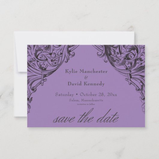 Viktorianisches Bad bis zum Tod Schwarz & Lila Hoc Save The Date (Vorderseite)