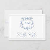 Viktorianisches Barockfloral Wappen Blaue Hochzeit RSVP Karte (Vorderseite)