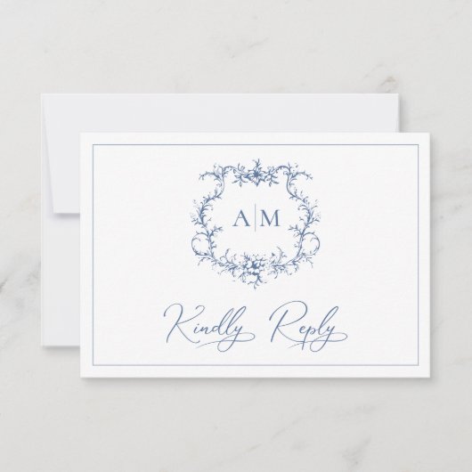Viktorianisches Barockfloral Wappen Blaue Hochzeit RSVP Karte (Vorderseite)