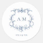 Viktorianisches Barockfloral Wappen Blaue Hochzeit Runder Aufkleber (Vorderseite)