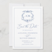 Viktorianisches Barockfloral Wappen Blaue Hochzeit Save The Date (Vorderseite)