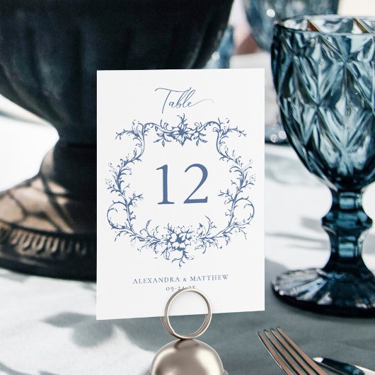 Viktorianisches Barockfloral Wappen Blaue Hochzeit Tischnummer