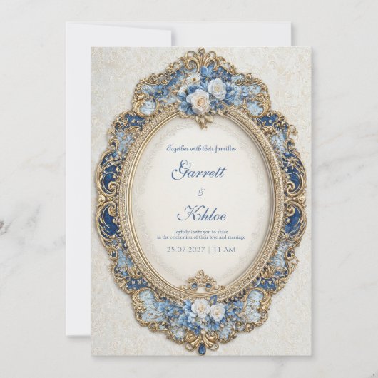 Viktorianisches Blau mit White Roses Gold Frame We Einladung (Vorderseite)