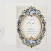 Viktorianisches Blau mit White Roses Gold Frame We Einladung (Vorne/Hinten)