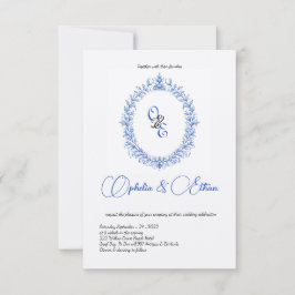 Viktorianisches blaues Monogramm florales Wappen Einladung