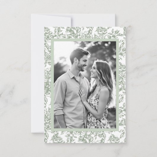 Viktorianisches Blumengeschirr Grünes Foto Französ Save The Date (Rückseite)