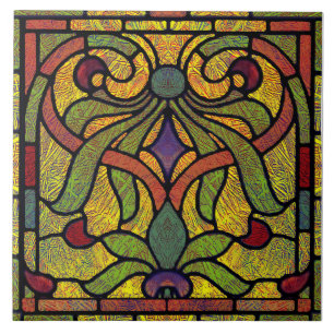 Viktorianisches Buntglas in Grün und Gold Fliese
