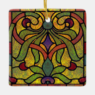 Viktorianisches Buntglas in Grün und Gold Keramikornament