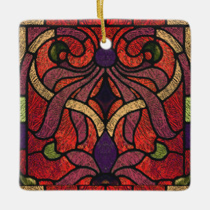 Viktorianisches Buntglas in Marone und Rot Keramikornament