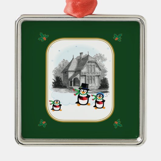 Viktorianisches Caroling Pinguine Ornament Aus Metall (Vorne)