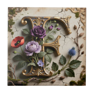 Viktorianisches florales Patina-Initial F Fliese