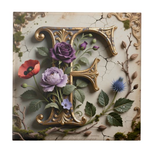 Viktorianisches florales Patina-Initial F Fliese (Vorderseite)