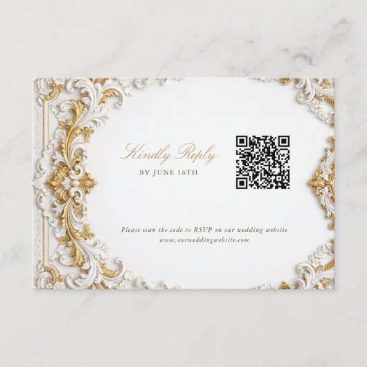 Viktorianisches Gold & Weiß Barock RSVP mit QR-Cod Begleitkarte (Vorderseite)