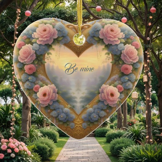 Viktorianisches, goldenes Herz mit Blume und Spric Keramik Ornament