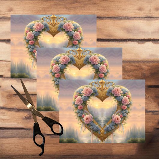 Viktorianisches, goldenes Herz mit Blume und Spric Seidenpapier