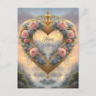 Viktorianisches, goldenes Herz mit Blumen und Spru Postkarte
