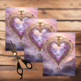 Viktorianisches goldenes Herz mit lila Blume, Vint Seidenpapier