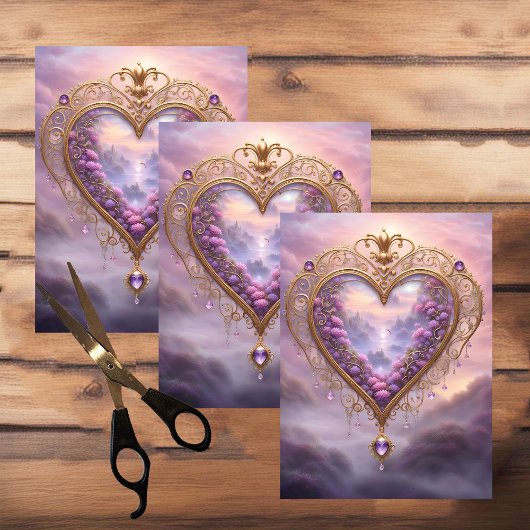 Viktorianisches goldenes Herz mit lila Blume, Vint Seidenpapier