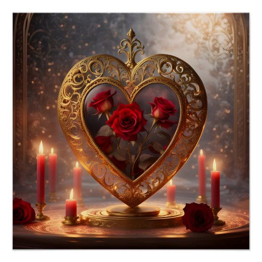 Viktorianisches goldenes Herz mit rote Rosen, Vint Poster (Vorderseite)