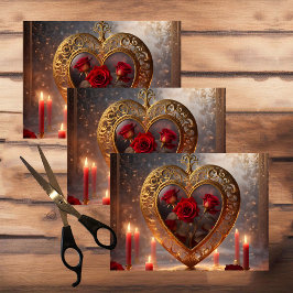 Viktorianisches goldenes Herz mit rote Rosen, Vint Seidenpapier