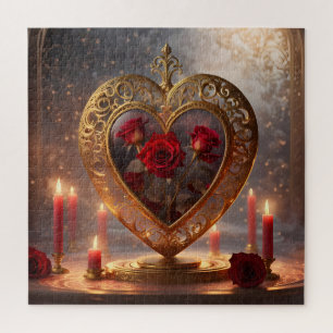 Viktorianisches goldenes Herz mit roten Rosen, vin Puzzle