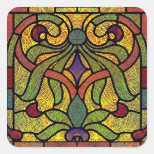Viktorianisches Hartglas in Grün und Gold Quadratischer Aufkleber