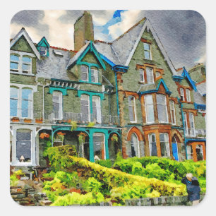 Viktorianisches Haus in Keswick in Aquarellfarbe Quadratischer Aufkleber