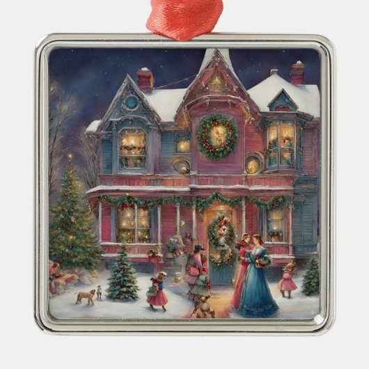 Viktorianisches Haus, Ladys, Kinder am Heiligabend Ornament Aus Metall (Vorne)