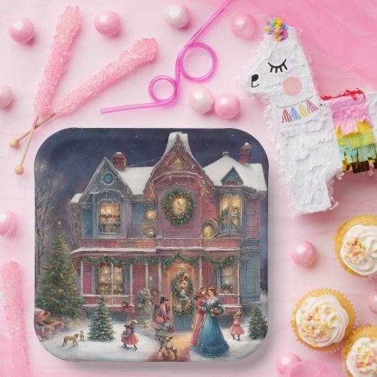 Viktorianisches Haus, Ladys, Kinder am Heiligabend Pappteller (Party)