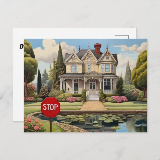 Viktorianisches Haus mit Stoppschild Postkarte (Vorne/Hinten)
