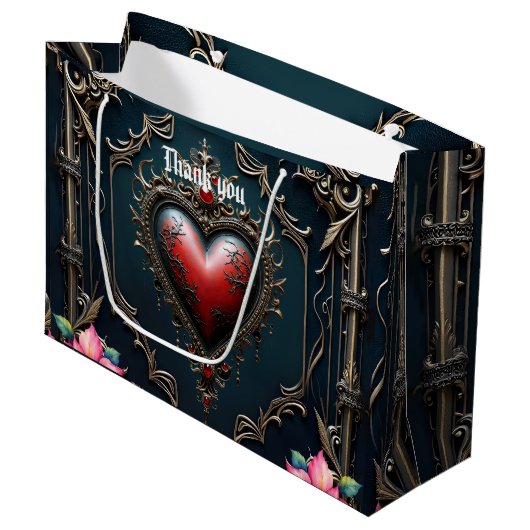 Viktorianisches Karmesin Gothic Heart Große Geschenktüte (Vorderseite Schrägansicht)