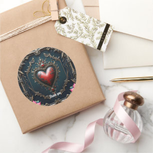 Viktorianisches Karmesin Gothic Heart Runder Aufkleber