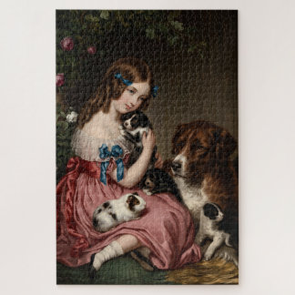 Viktorianisches kleines Mädchen mit Welpen und Mee Puzzle