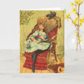 Viktorianisches Mädchen, das mit ihrer Katze ein B Karte (Gelbe Blume)