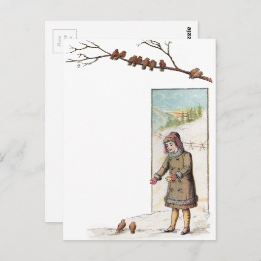 Viktorianisches Mädchen Füttre Vögel im Schnee Postkarte (Vorne/Hinten)